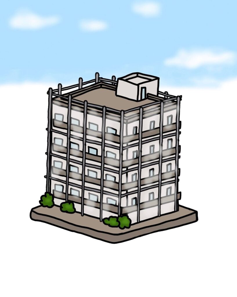 足場に囲まれたマンションのイラスト